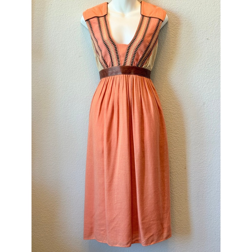 Lauren Moffatt Coral Metallic Linen Embroidered Leather Trim Midi Dress Women 2